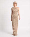 Beige one-shoulder rhinestone maxi dress, ruched draped bodice