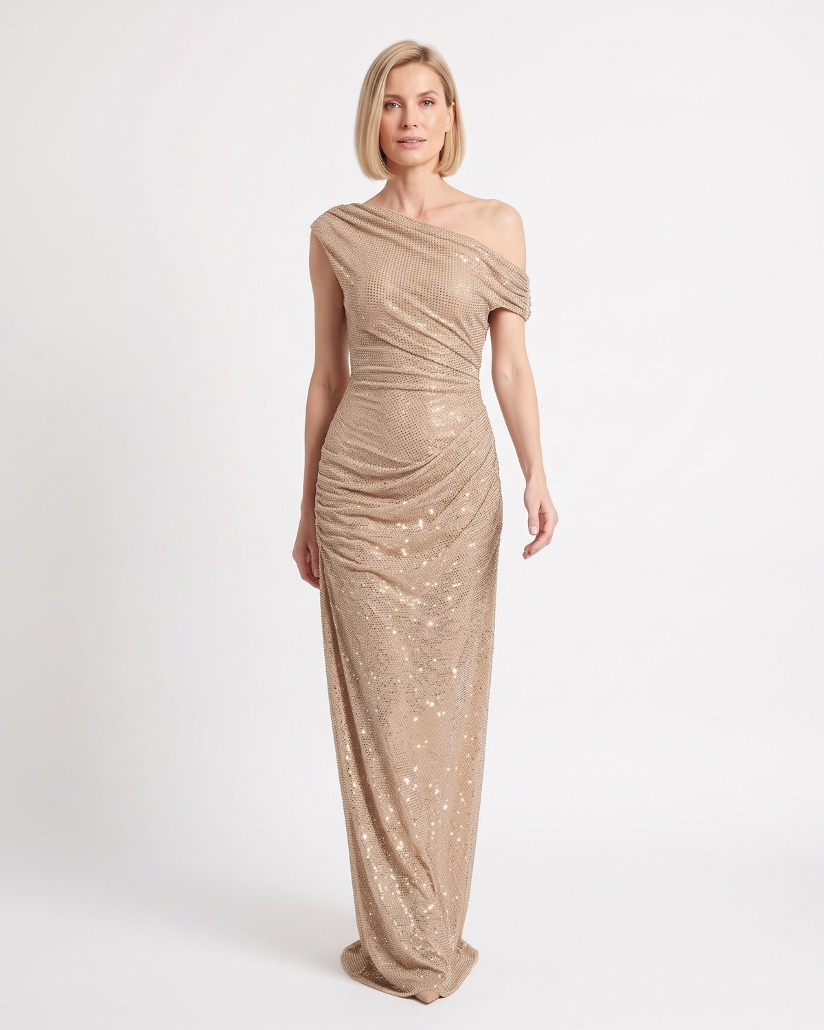 Beige one-shoulder rhinestone maxi dress, ruched draped bodice