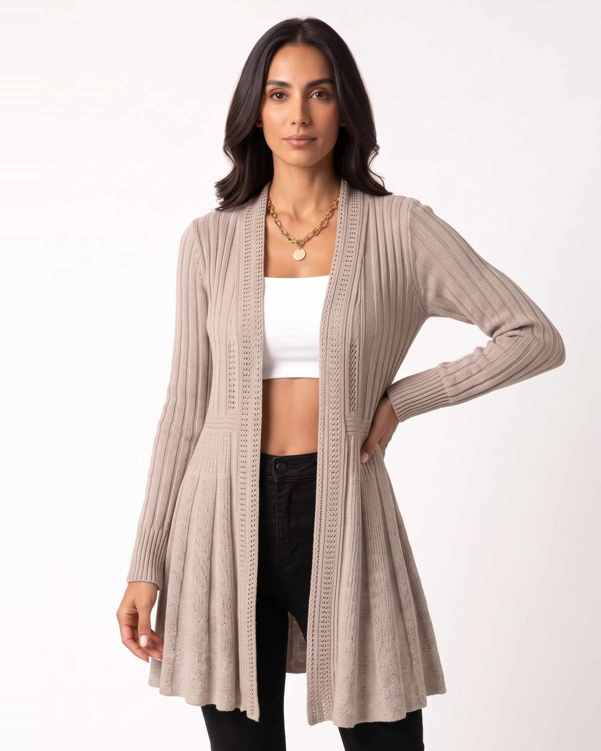 Light beige open-front duster cardigan with pointelle knit trim, long sleeves