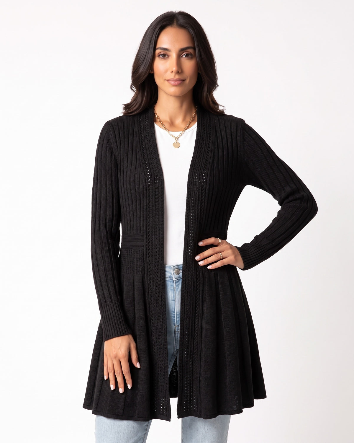 Black open-front duster cardigan with pointelle knit, long sleeves, draped hem