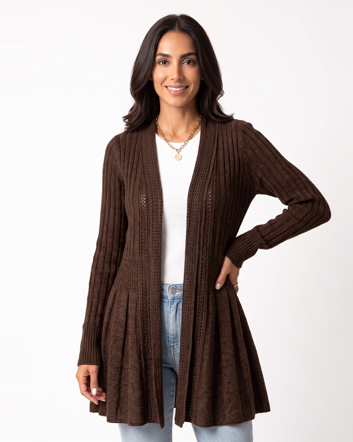 Brown open-front duster cardigan with pointelle knit and flared long sleeves