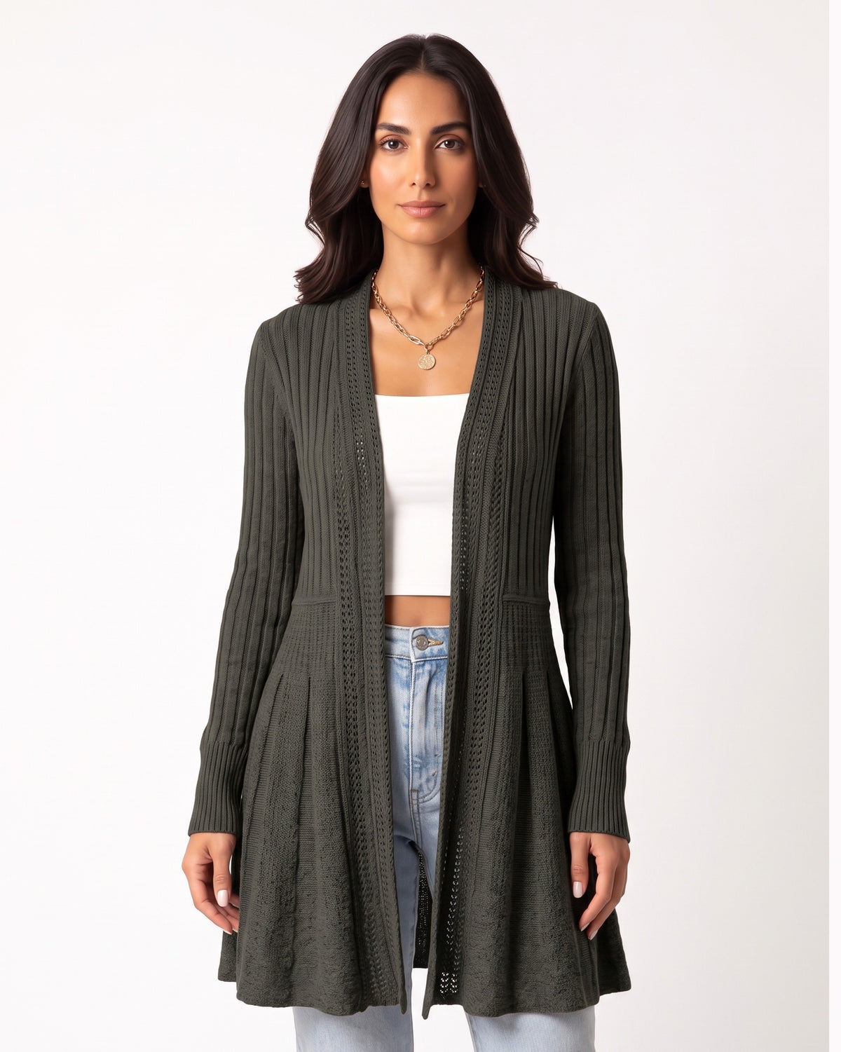 Dark green open-front duster cardigan with pointelle knit and long sleeves