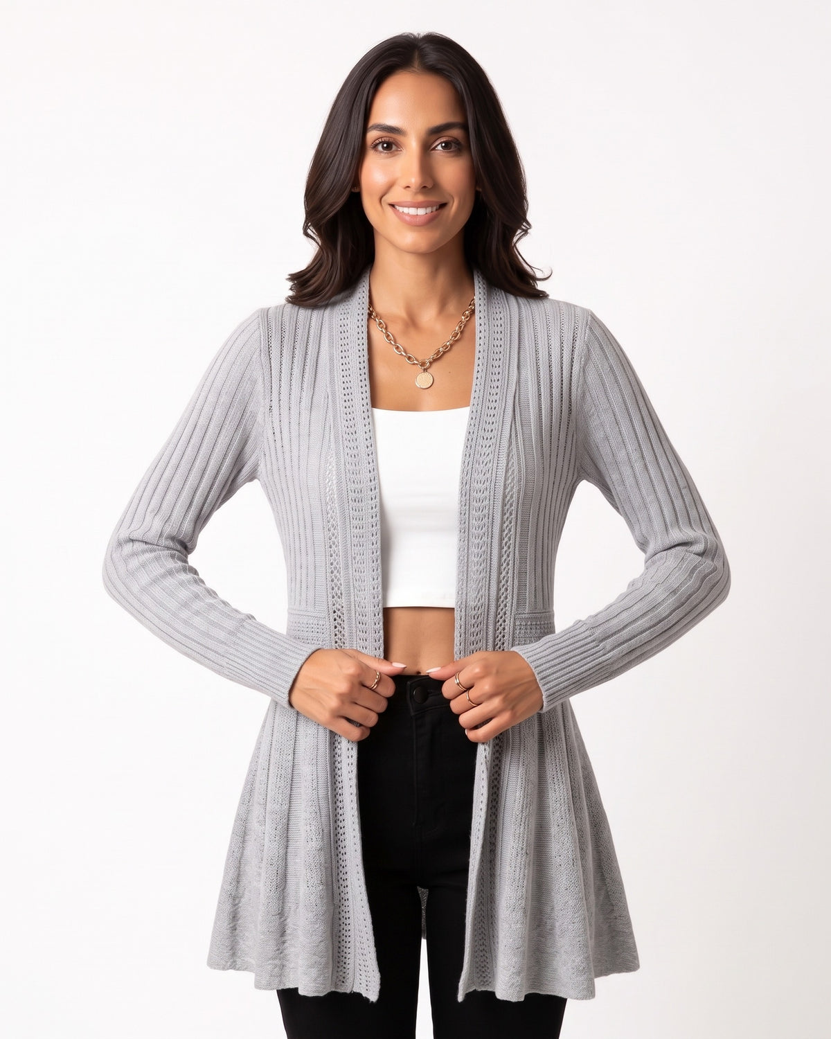 Light gray open-front duster cardigan with pointelle knit and long sleeves
