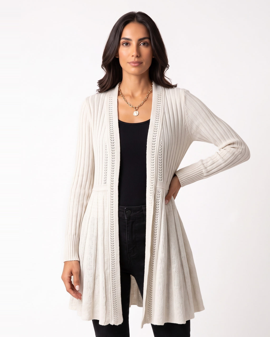 Off-white open-front duster cardigan with pointelle knit, long sleeves, drape front