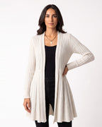 Off-white open-front duster cardigan with pointelle knit, long sleeves, drape front