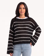 Striped open knit cotton sweater with boat neck and bell sleeves, relaxed fit in black/white