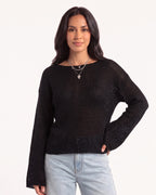 Open knit cotton sweater with boat neck and bell sleeves, relaxed fit in black