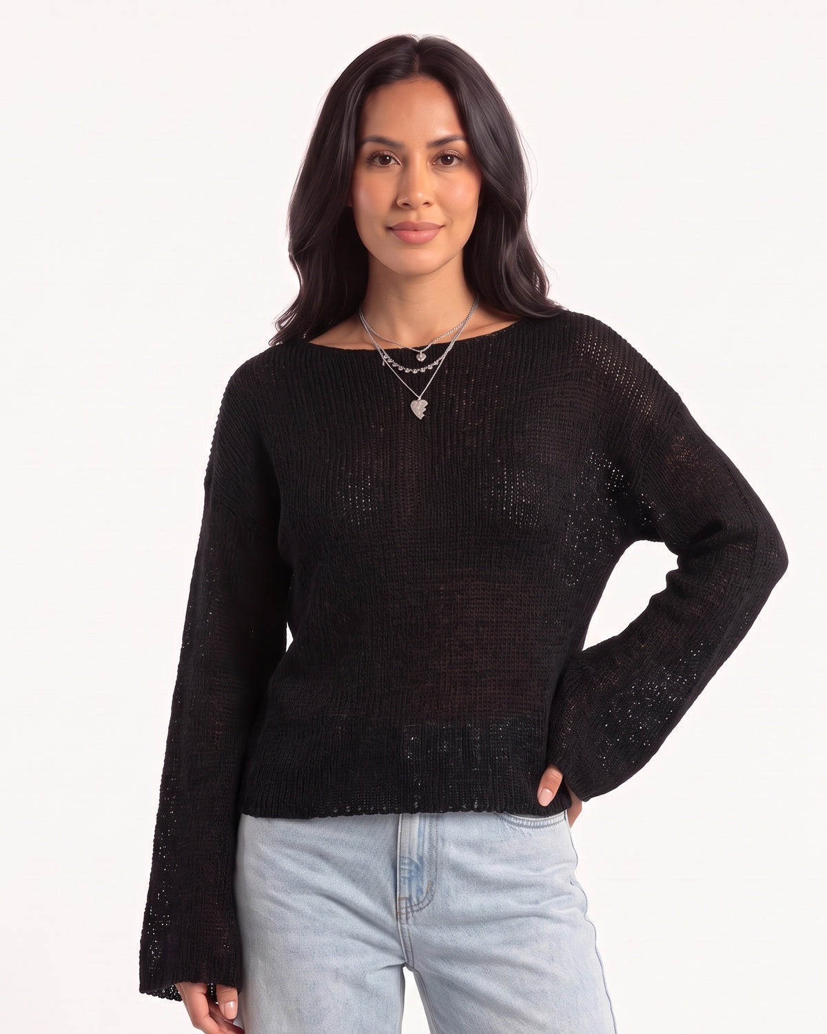 Open knit cotton sweater with boat neck and bell sleeves, relaxed fit in black