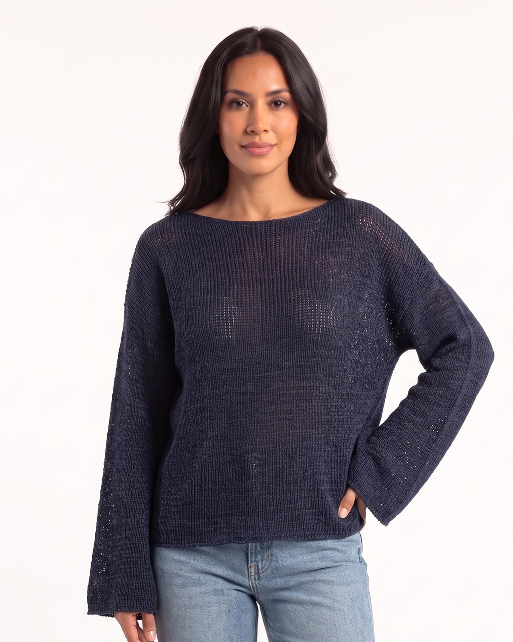Open knit cotton sweater with boat neck and bell sleeves, relaxed fit in navy