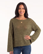 Open knit cotton sweater with boat neck and bell sleeves, relaxed fit in olive