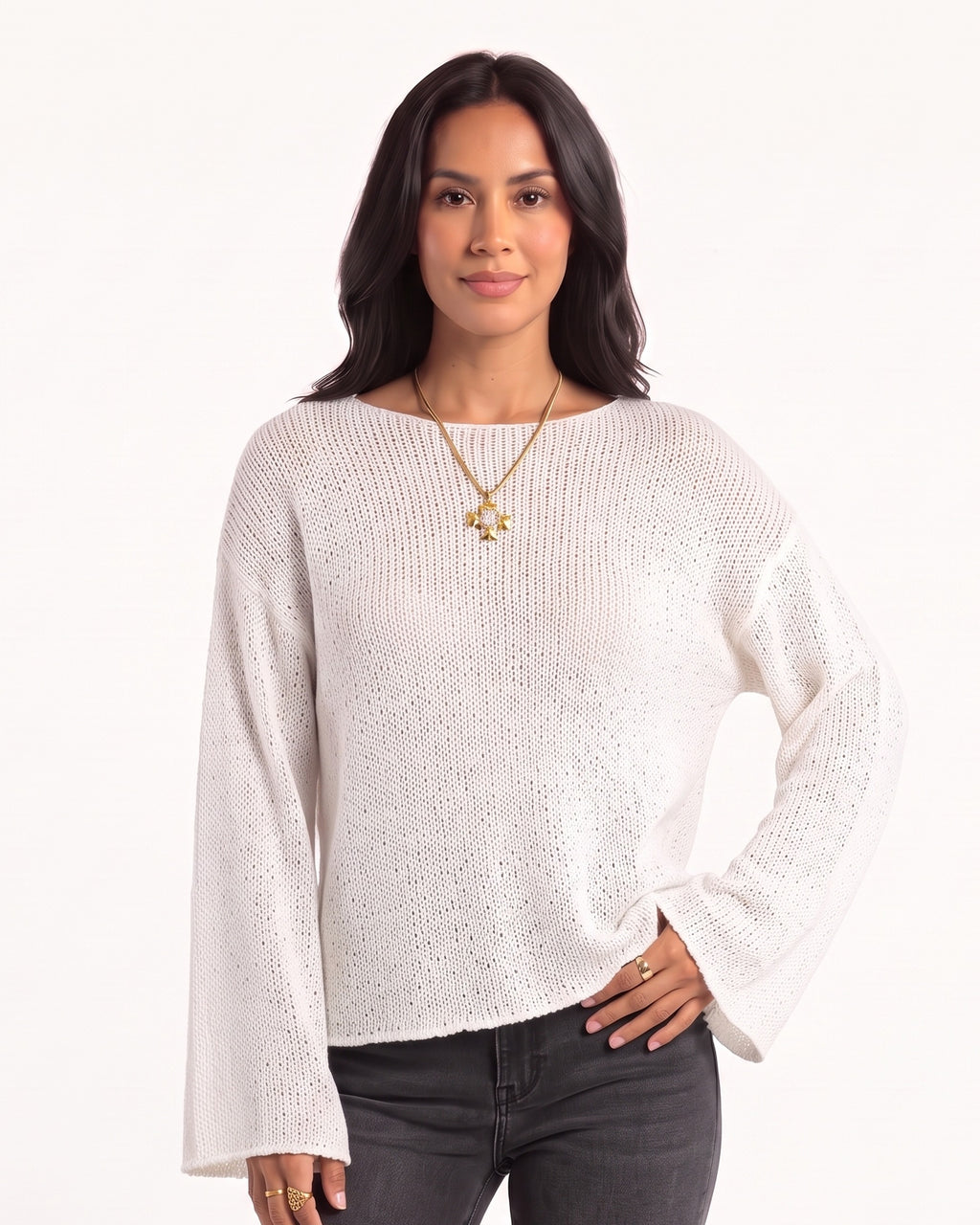Open knit cotton sweater with boat neck, bell sleeves, relaxed fit in white