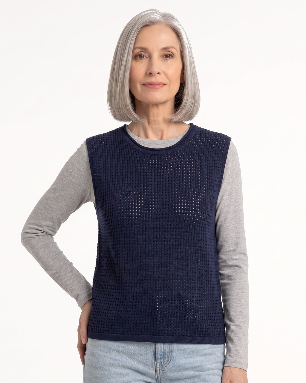 Women's navy open-knit sweater vest, loose crew neck sleeveless layer