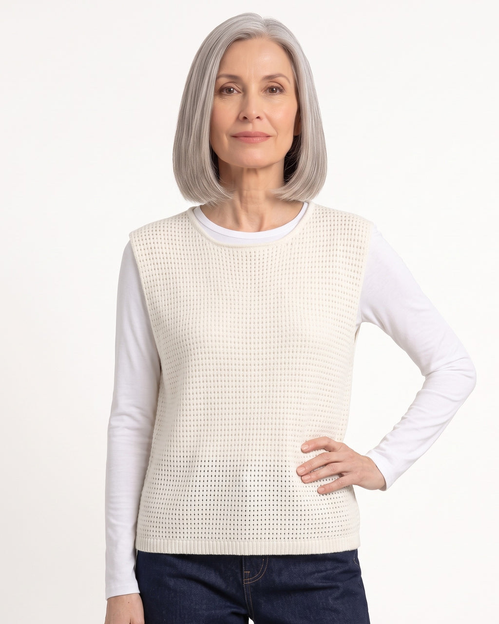 Women's off-white open-knit sweater vest, loose crew neck sleeveless layer