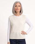 Women's off-white open-knit sweater vest, loose crew neck sleeveless layer