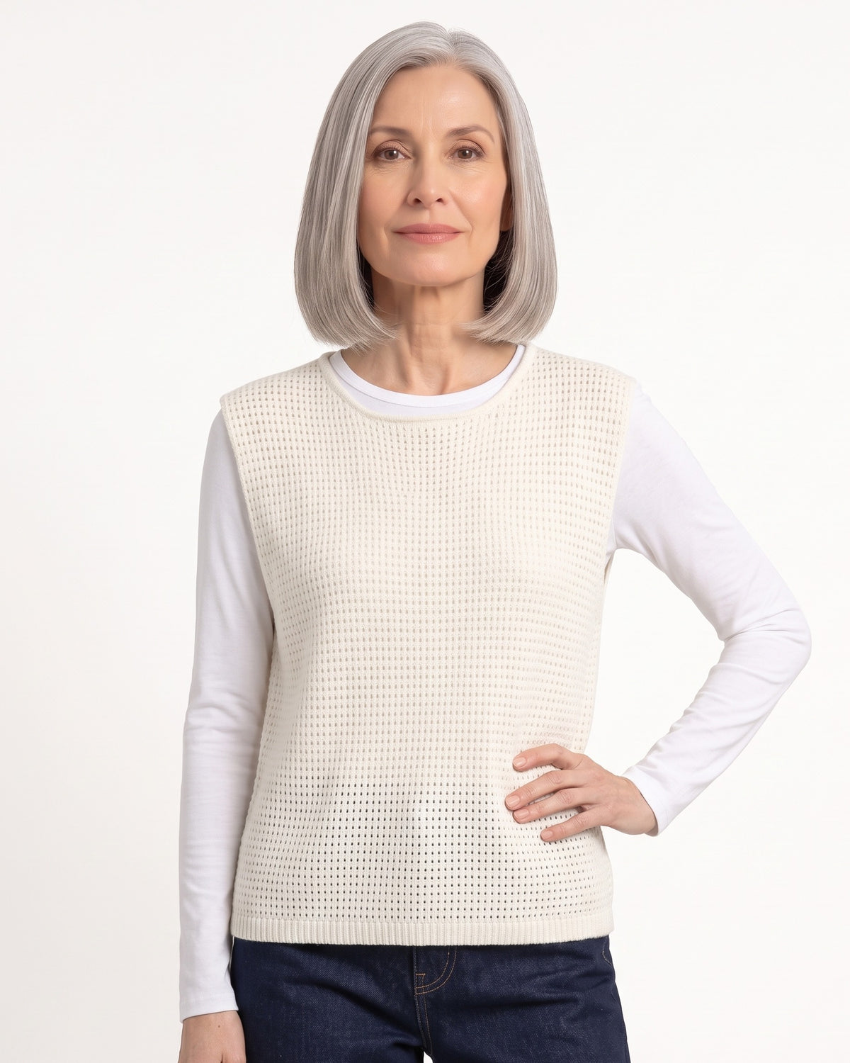Women's off-white open-knit sweater vest, loose crew neck sleeveless layer