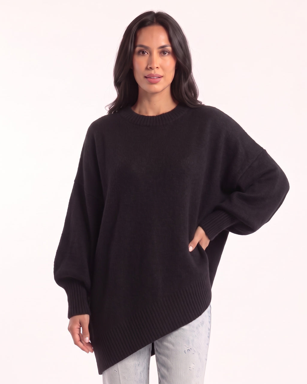 Women's oversized batwing crewneck sweater, black knit with ribbed cuffs and asymmetric hem