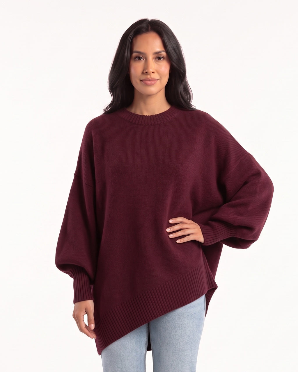 Women's oversized batwing crewneck sweater, burgundy knit with ribbed cuffs and hemline