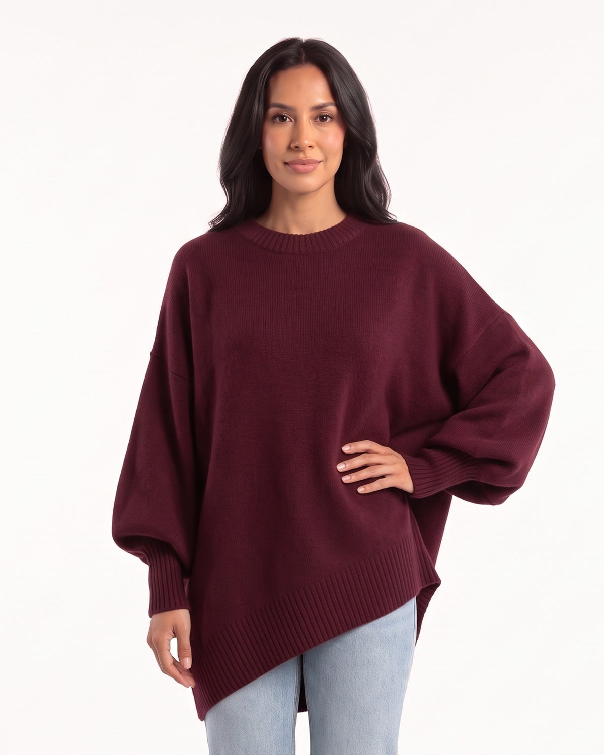 Women's oversized batwing crewneck sweater, burgundy knit with ribbed cuffs and hemline