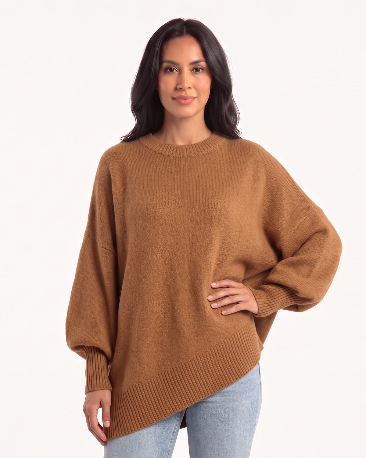 Women's oversized batwing crewneck sweater, camel knit with ribbed cuffs and asymmetric hem