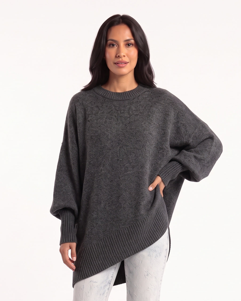 Women's oversized batwing sweater, crew neck, ribbed cuffs, asym hem; dark gray