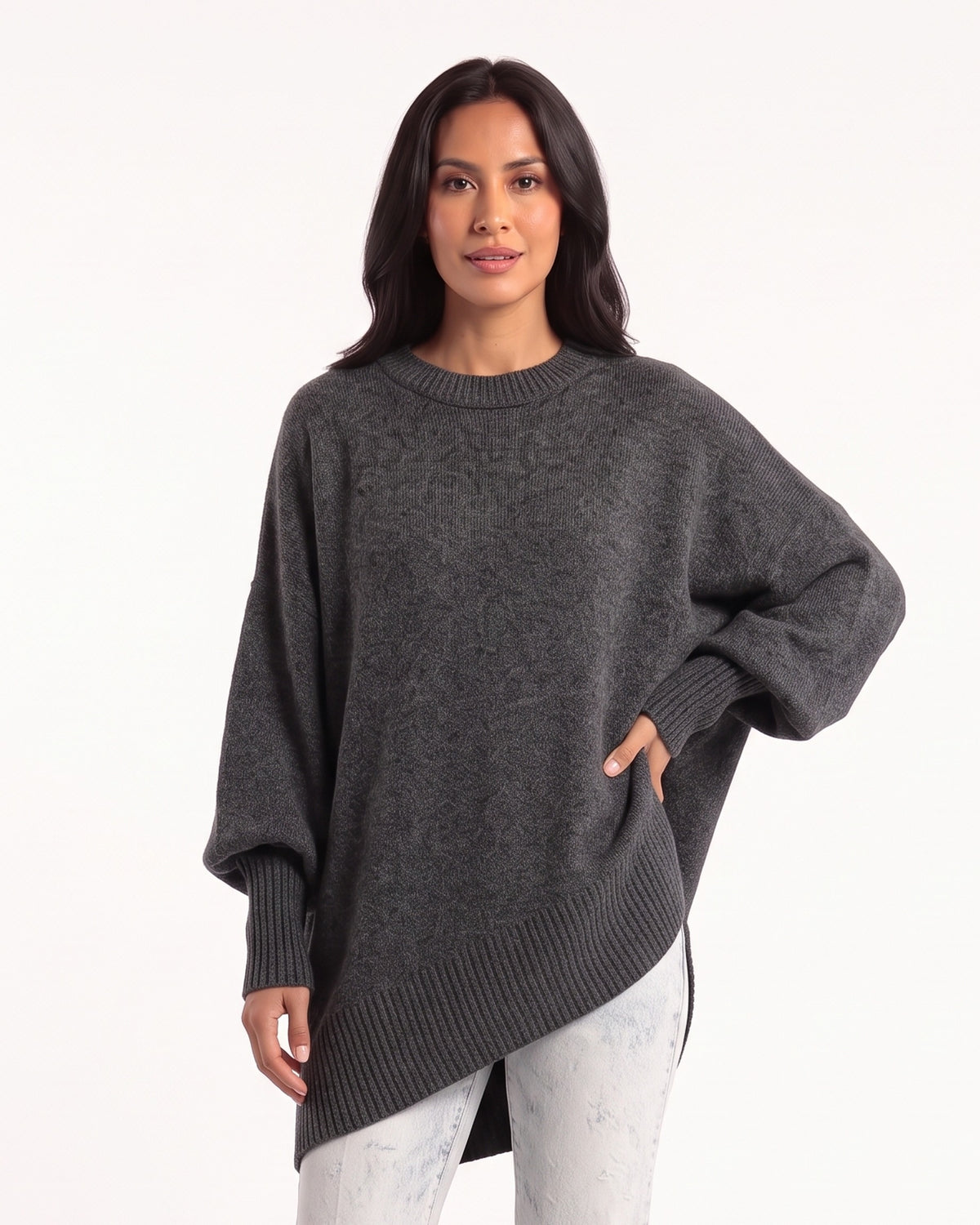 Women's oversized batwing sweater, crew neck, ribbed cuffs, asym hem; dark gray