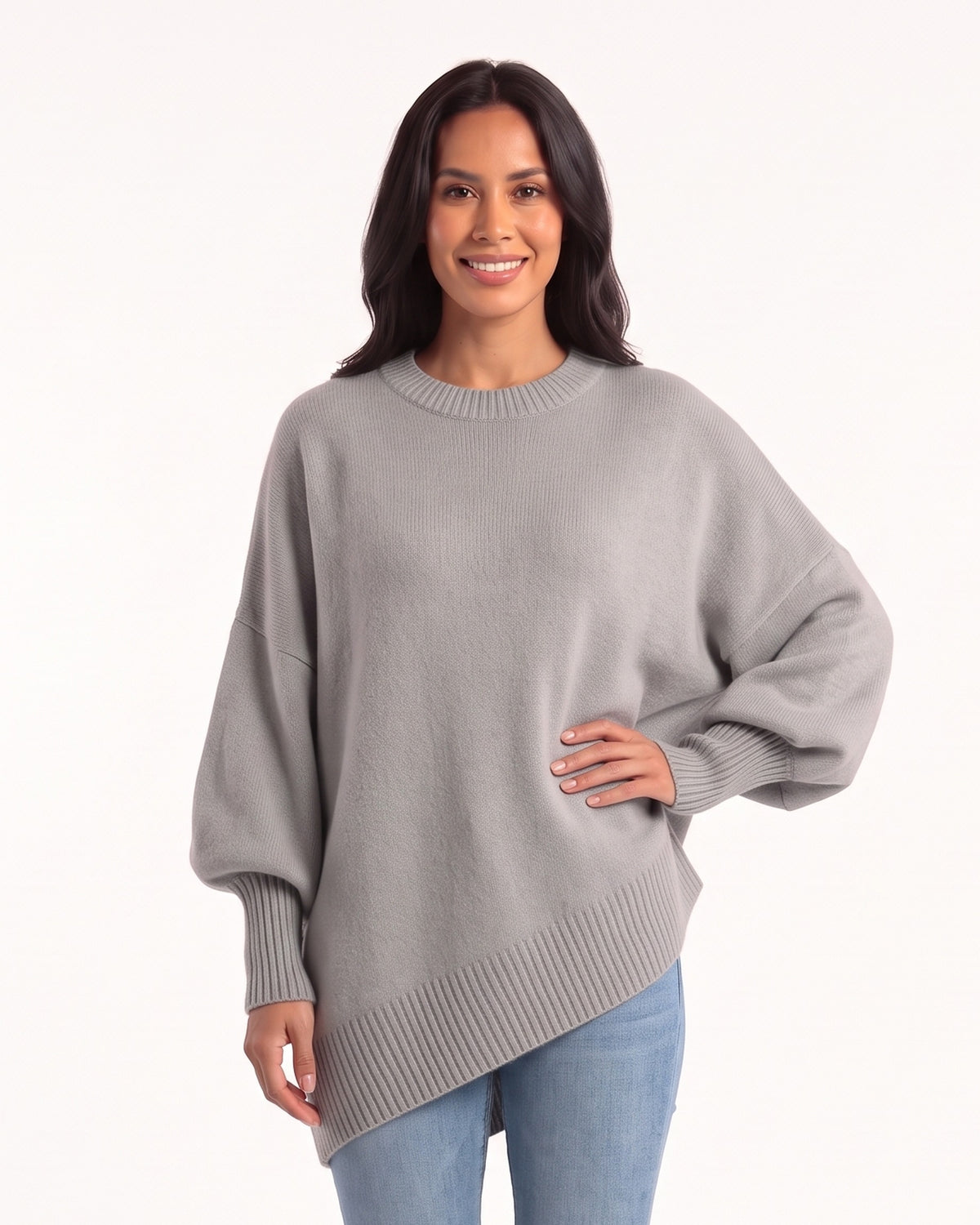 Women's oversized batwing sweater, crew neck, ribbed cuffs, asym hem; light gray