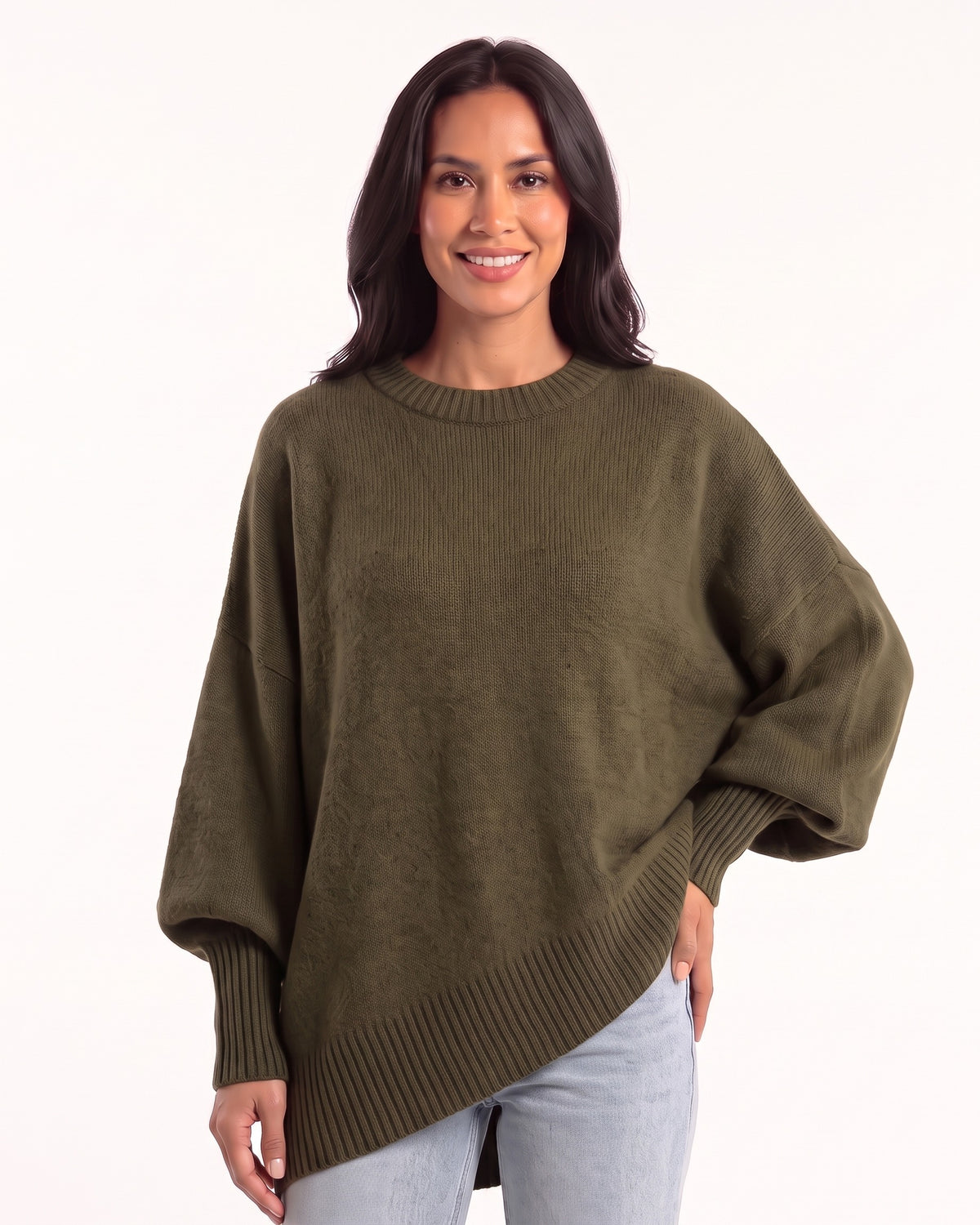 Women's oversized batwing crewneck sweater, olive green knit with ribbed cuffs and hem