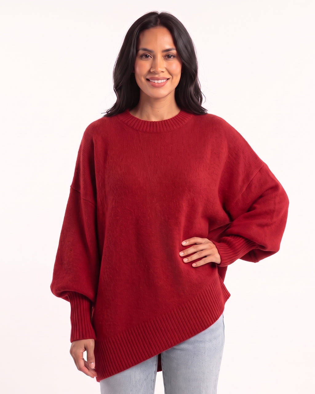 Women's oversized batwing crewneck sweater, red knit with ribbed cuffs and layered hem