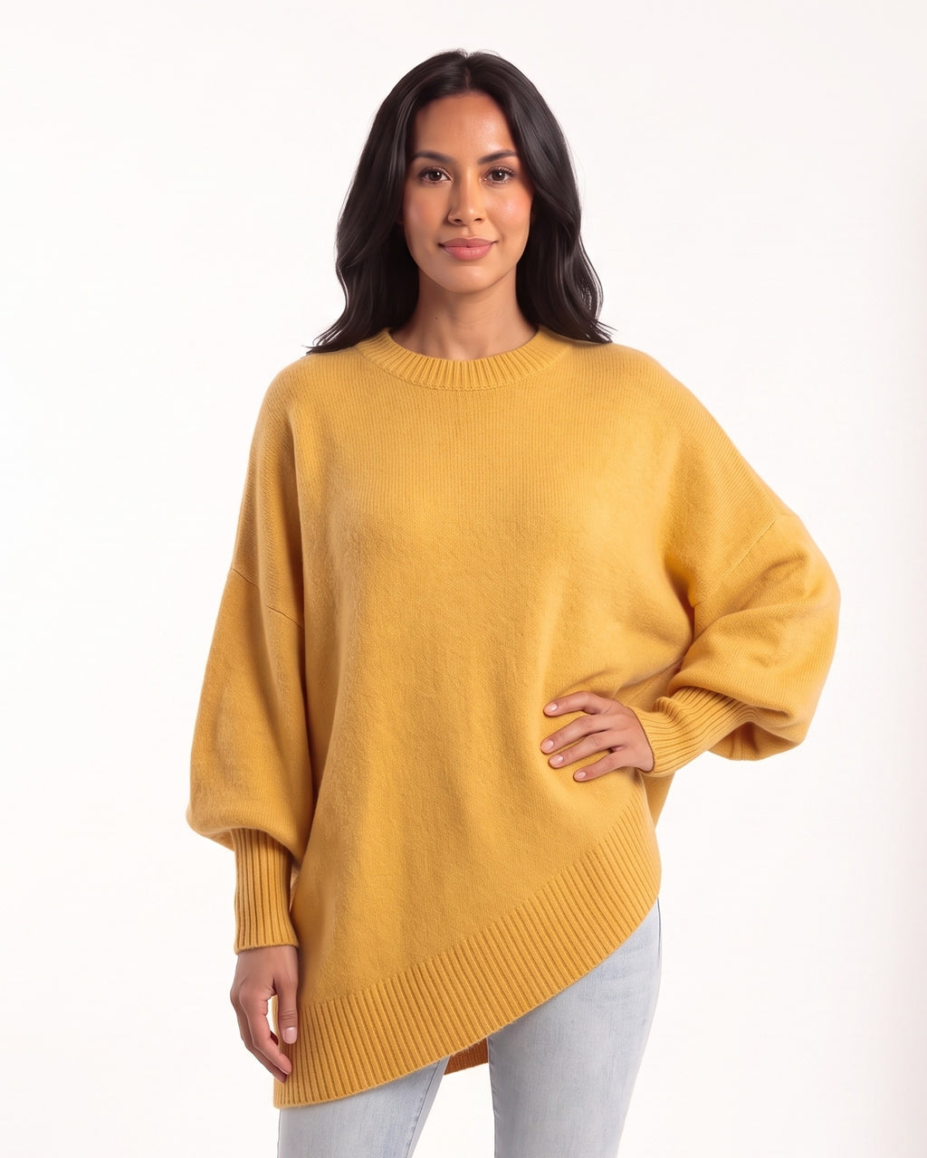 Women's oversized batwing crewneck sweater, yellow knit with ribbed cuffs and asymmetric hem