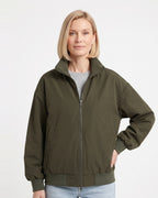 Army green oversized cotton twill bomber jacket with stand collar zip front and side pockets