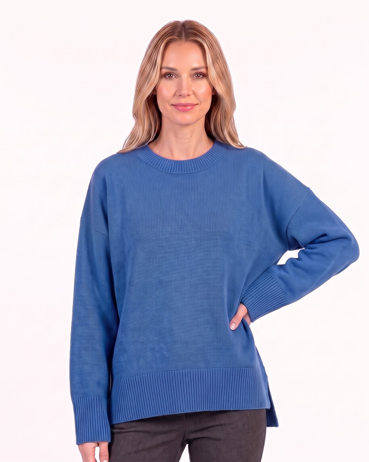 Blue oversized crew neck knit sweater with ribbed cuffs and ribbed hem