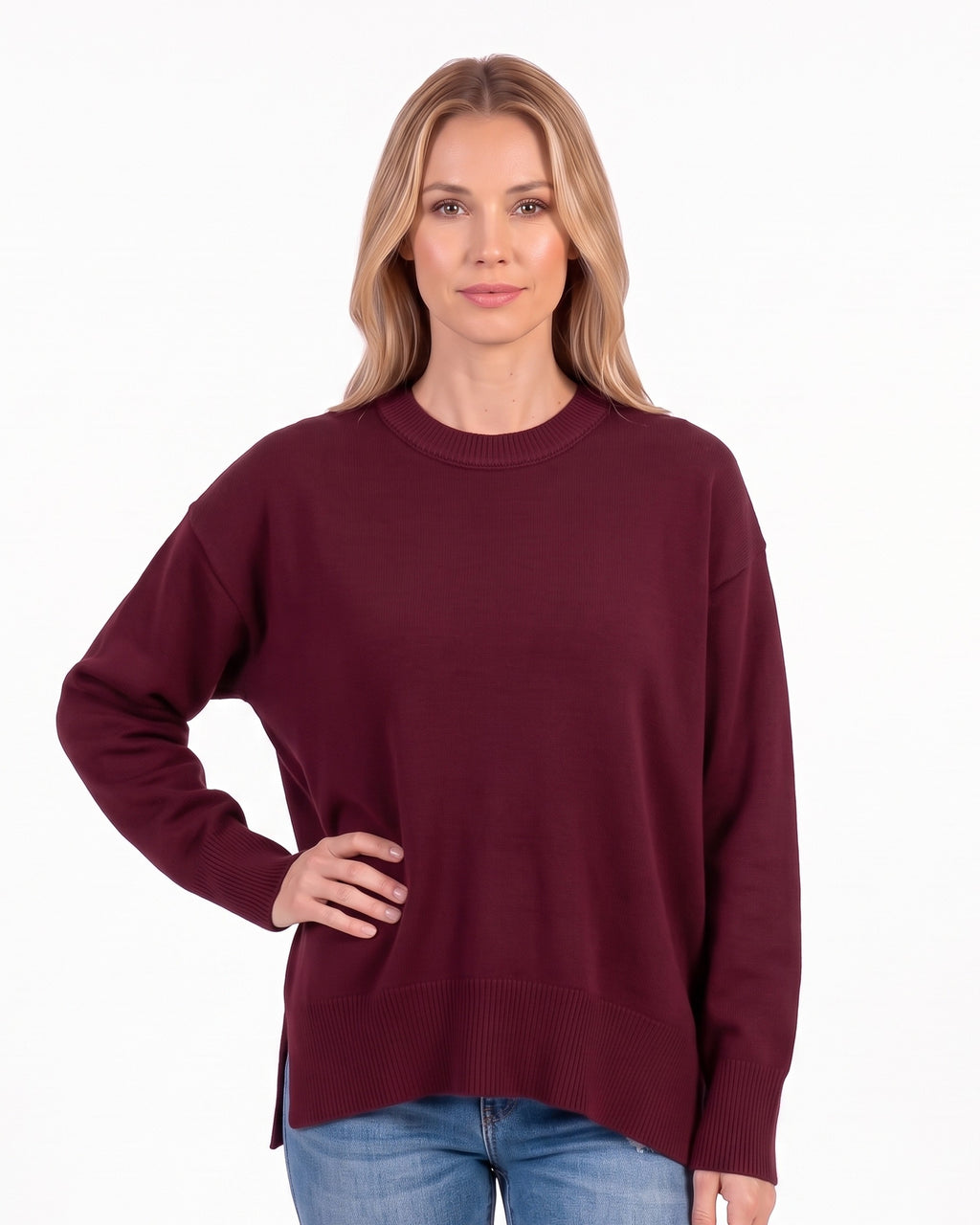 Burgundy oversized crew neck knit sweater with ribbed cuffs and ribbed hem