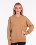 Camel oversized crew neck knit sweater with long sleeves, ribbed hem and cuffs
