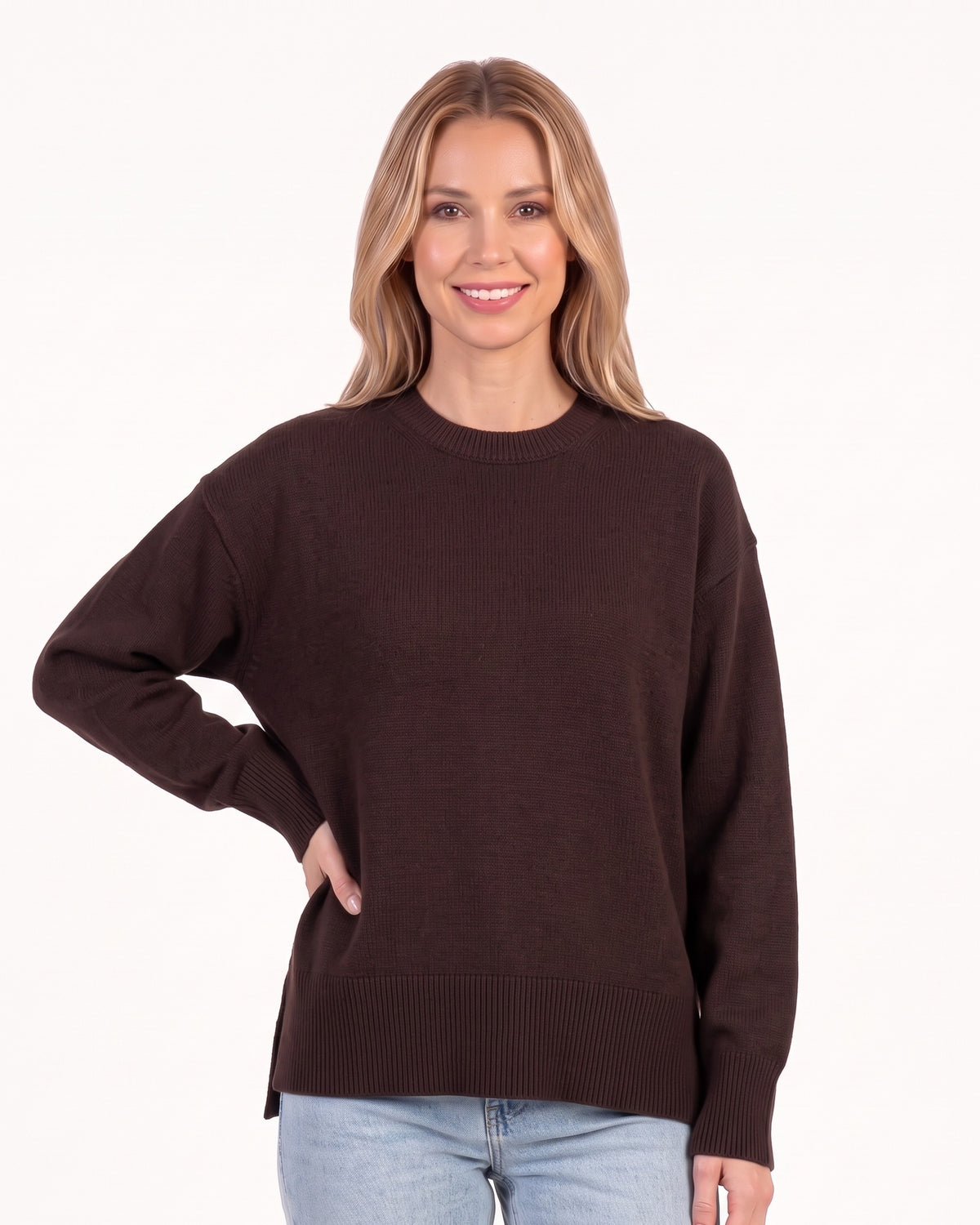 Dark brown oversized crew neck knit sweater with ribbed cuffs and ribbed hem