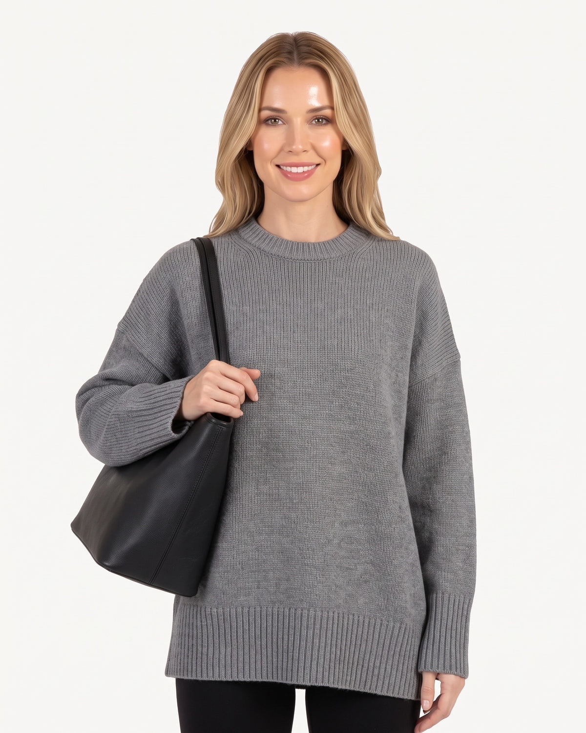 Gray oversized crew neck sweater with drop-shoulder knit and ribbed cuffs/hem