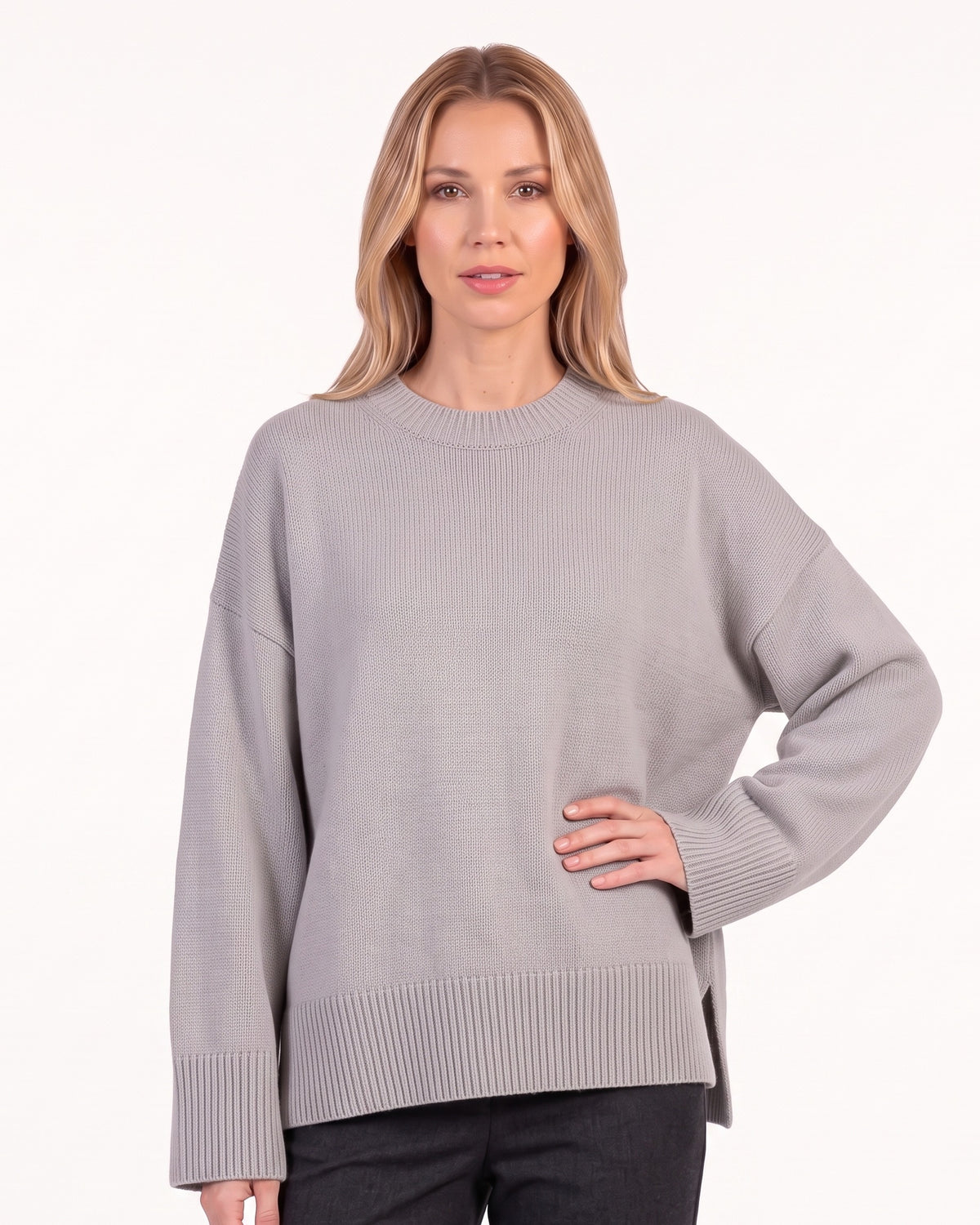 Women's oversized crew neck sweater, gray knit with high-low hem and side slits
