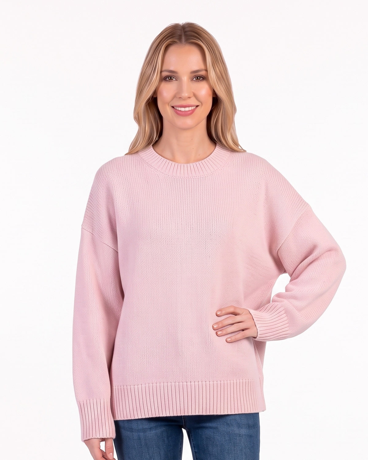 Blush pink oversized crew neck knit sweater with ribbed cuffs and hem