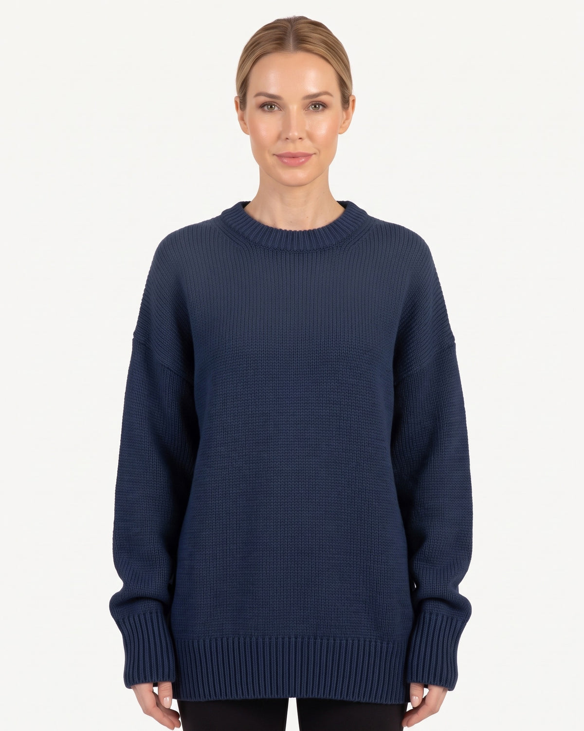 Women's oversized crew neck knit sweater, navy blue with ribbed cuffs and hem