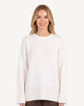 White oversized crew neck sweater with drop-shoulder knit and ribbed cuffs/hem