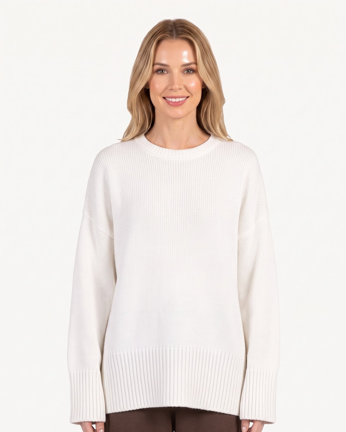 White oversized crew neck sweater with drop-shoulder knit and ribbed cuffs/hem