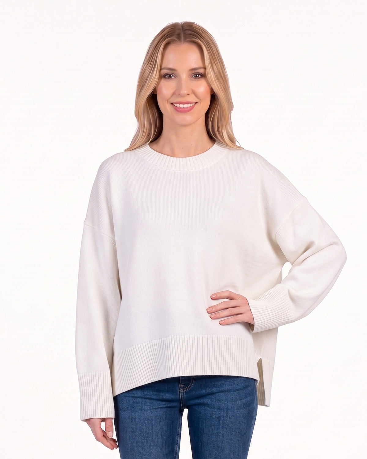 Cream oversized crew neck knit sweater with ribbed cuffs and hem