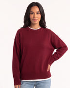 Burgundy oversized crewneck sweater with long sleeves and wide ribbed hem and cuffs