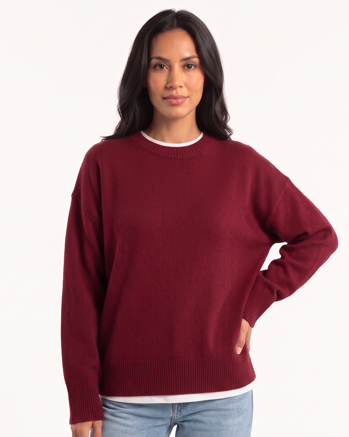 Burgundy oversized crewneck sweater with long sleeves and wide ribbed hem and cuffs