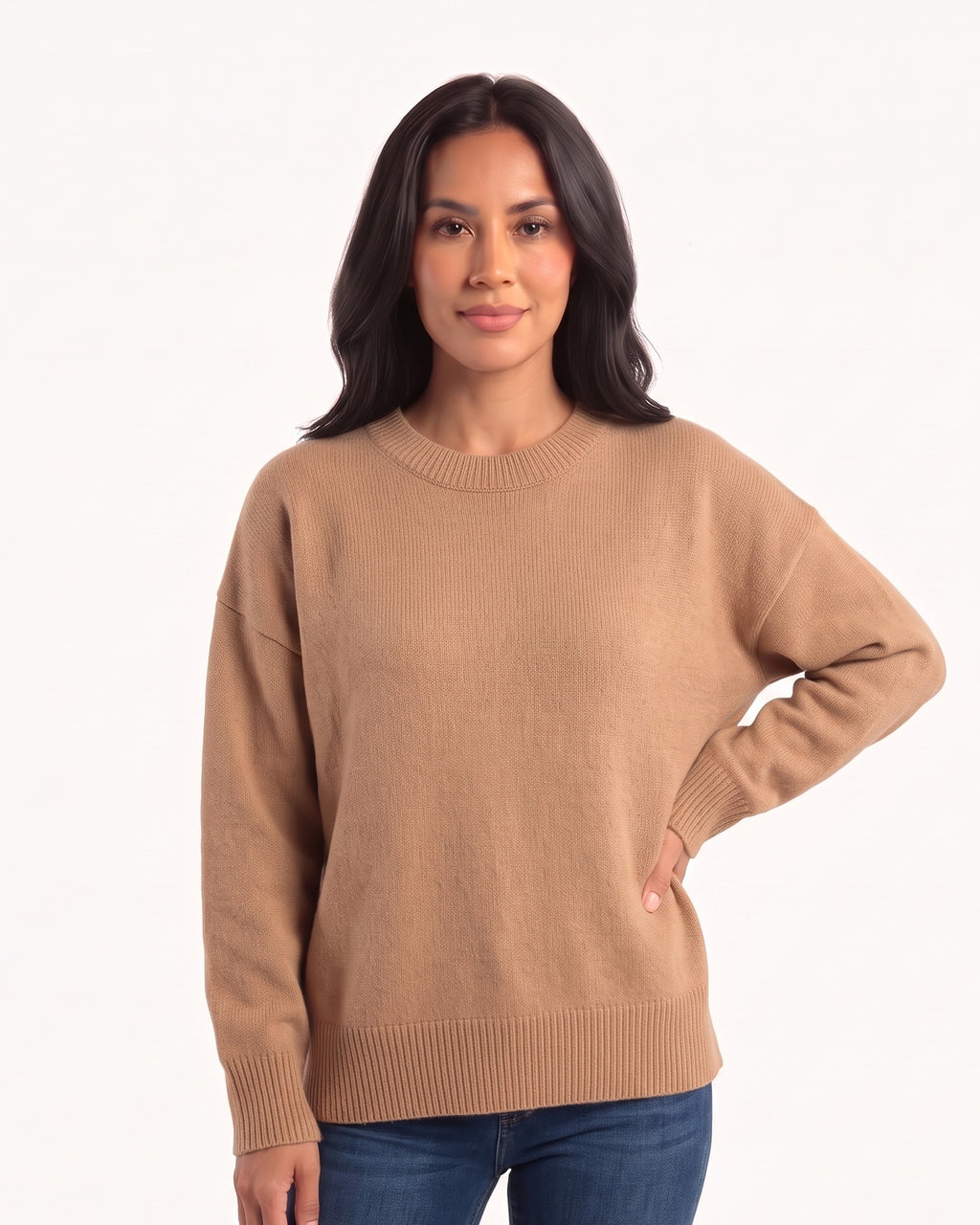 Camel oversized fine-knit crewneck sweater with long sleeves and wide ribbed trim