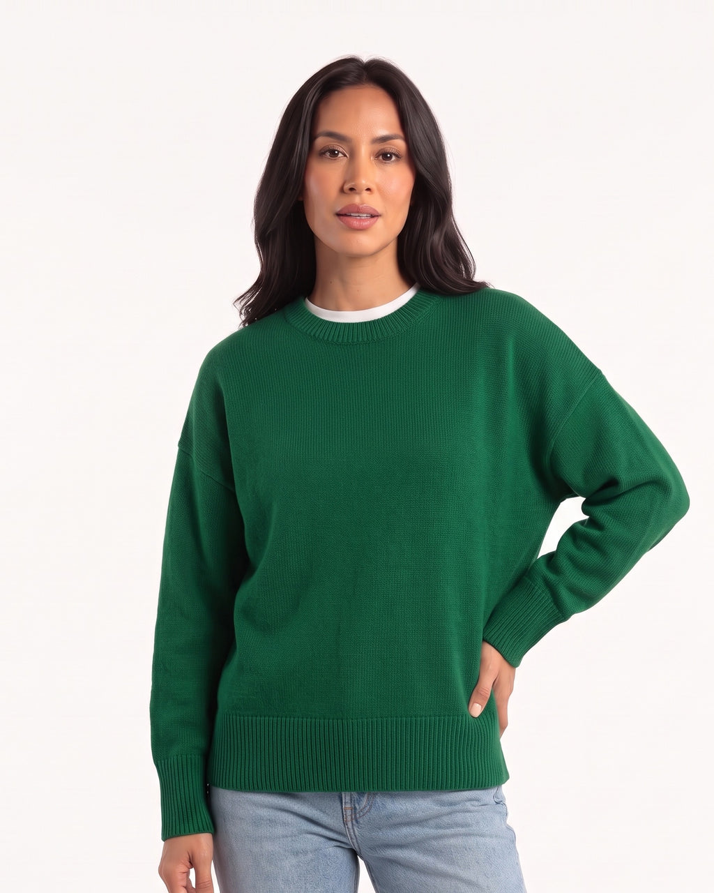 Green oversized crewneck sweater with long sleeves and wide ribbed hem and cuffs