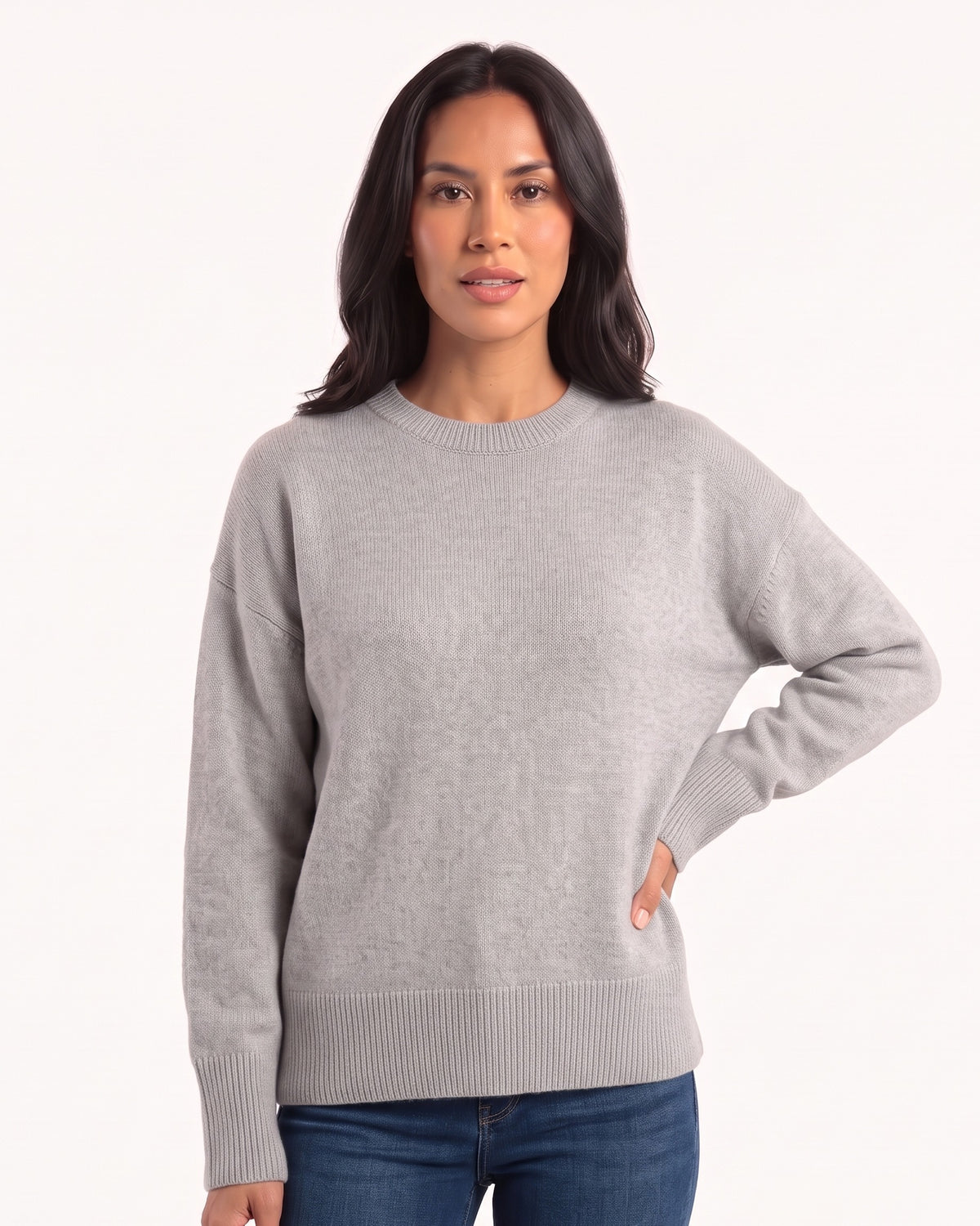 Light gray oversized crewneck sweater with long sleeves and wide ribbed hem and cuffs