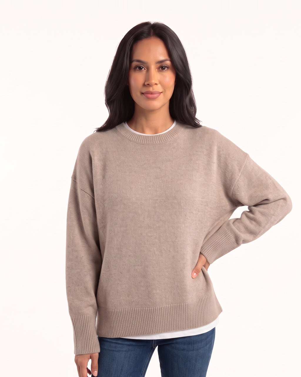 Taupe oversized fine-knit crewneck sweater with long sleeves and wide ribbed trim