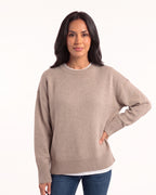 Taupe oversized fine-knit crewneck sweater with long sleeves and wide ribbed trim