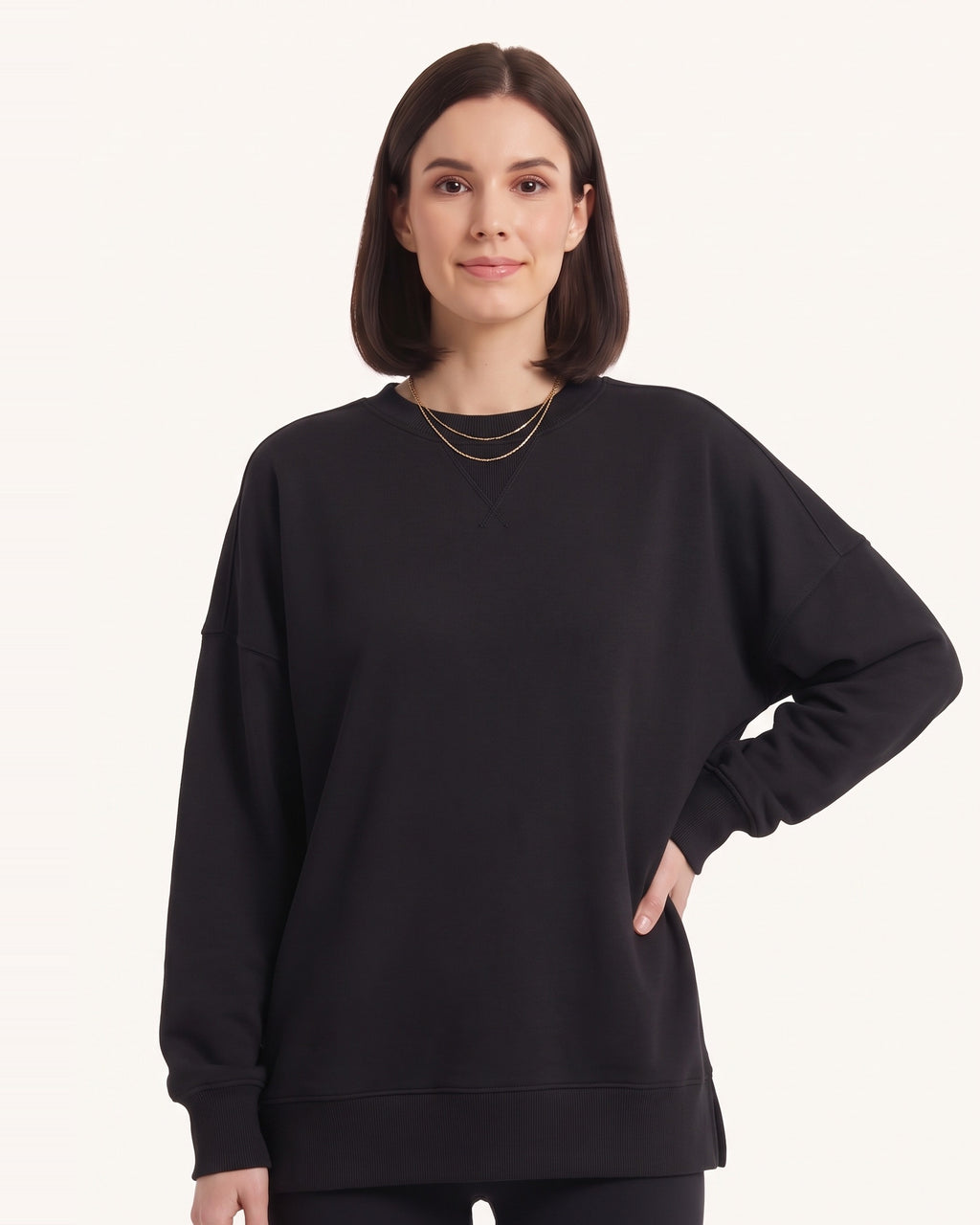 Women's oversized crewneck sweatshirt, black, exposed seams and side slits