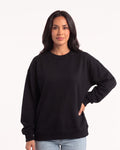 Black oversized crewneck sweatshirt, relaxed drop-shoulder pullover with long sleeves